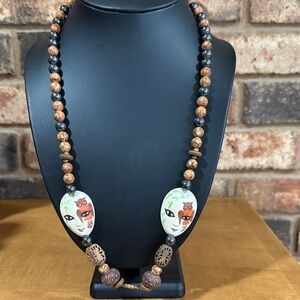 Vintage handcrafted beaded necklace hand-painted ceramic mask pendants owl motif